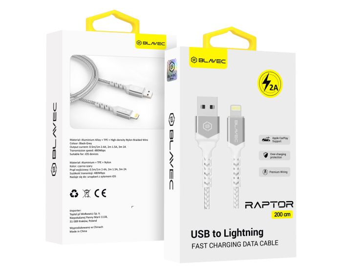 Blavec Raptor Braided Fast Charging Data Cable 2A Apple Car Play (CRA-UL2WS30) Καλώδιο Φόρτισης USB to Lightning 3m White / Silver