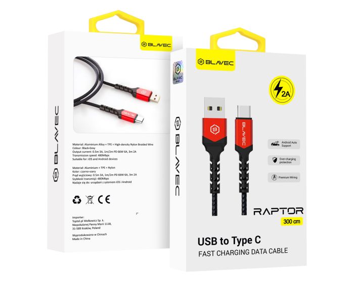 Blavec Raptor Braided Fast Charging Data Cable 2A Android Auto / Apple Car Play (CRA-UC2BR30) Καλώδιο Φόρτισης USB to Type-C 3m Black / Red