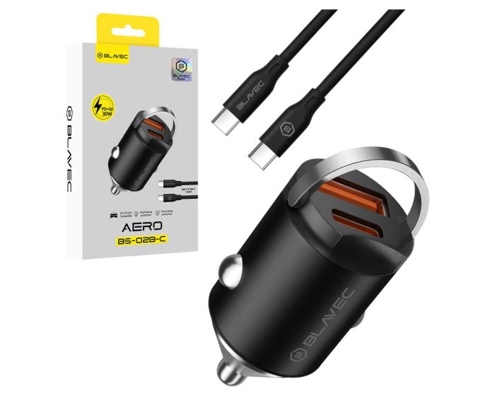 Blavec BS-02B-C Aero Car Charger Type-C / USB QC 3.0 18W PD 30W with Type C to Type C Cable (CCBS02BCA-UCB) Φορτιστής Αυτοκινήτου - Black - MT82809