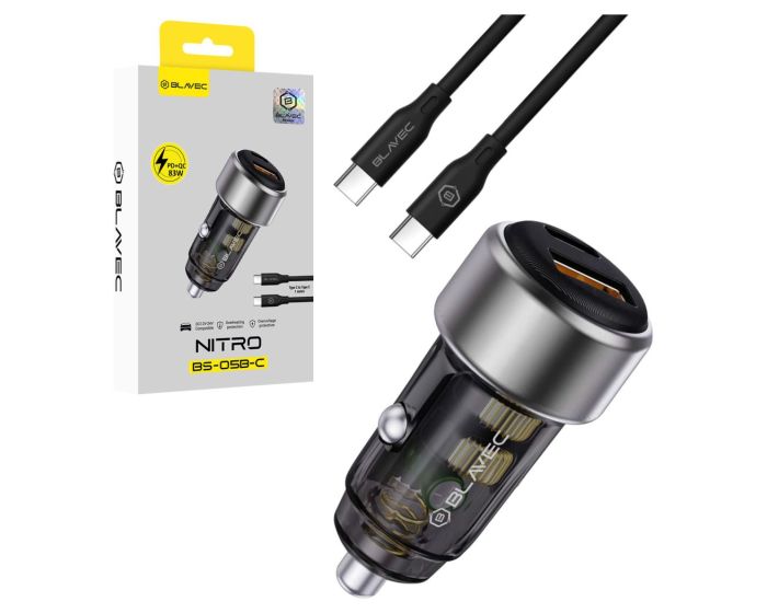 Blavec BS-05B-C Nitro Car Charger Type-C / USB QC 3.0 18W PD 65W with Type C to Type C Cable (CCBS05BCN-UCB) Φορτιστής Αυτοκινήτου - Black - MT82808