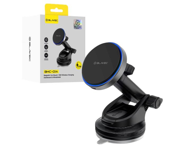 Blavec BHC-01A 15W MagSafe Magnetic Car Windshield / Dashboard Phone Holder with Wireless Charging (BHC01A-MWIB) Black - MT83821