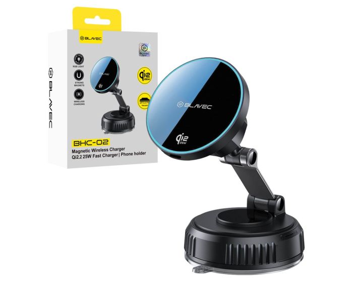 Blavec BHC-02 QI2.2 25W Vacuum MagSafe Magnetic Car Windshield / Dashboard Phone Holder with Wireless Charging (BHC02-QI2PMWIB) Black - MT83822
