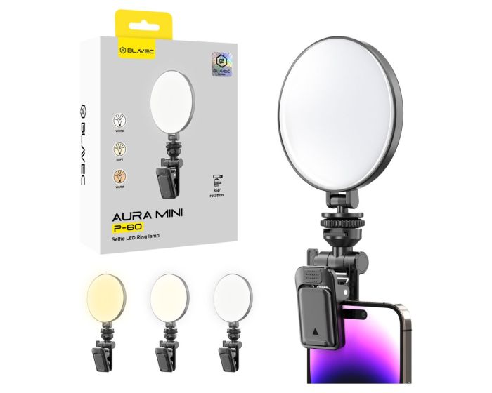 Blavec Aura Mini P-60 LED Ring Selfie Clip Lamp (LPP60-KLB) Φωτισμός Selfie για Κινητά - Black - MT83431