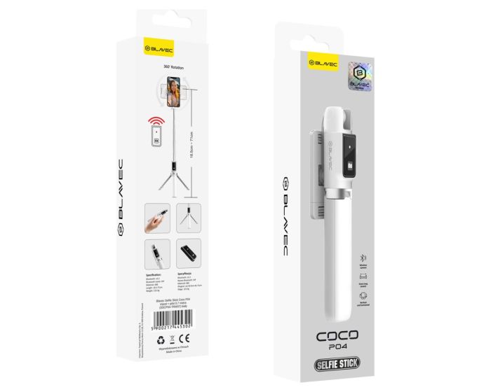 Blavec Selfie Stick Coco P-04 Tripod + Remote Control 0,7m (SSCP04-TRW07) White - MT83433