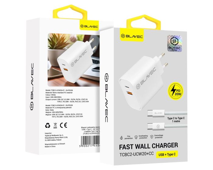 Blavec Wall Charger BC2 - USB + Type C - QC 3.0 PD 20W with Type C Cable (TCBC2-UCW20+CC) Αντάπτορας Φόρτισης - White