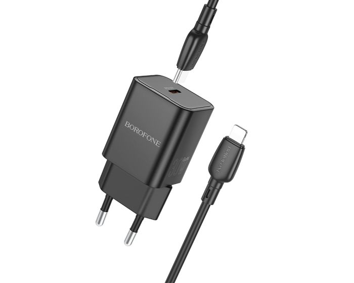 Borofone BN13 Safety GaN Wall Charger Type-C PD 30W with Type C to Lightning Cable Αντάπτορας Φόρτισης 1m - Black - MT72824