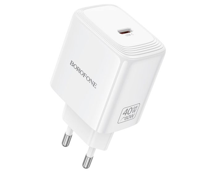 Borofone BN33 Fuente GaN Wall Charger Type-C PD QC3.0 40W Αντάπτορας Φόρτισης Τοίχου - White - MT83473