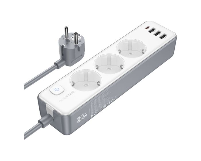 Borofone BAC9 Power Strip 3 Outlets 240V + 3xUSB + Type C - PD 20W Πολύπριζο με Καλώδιο 2m - Black - MT83463