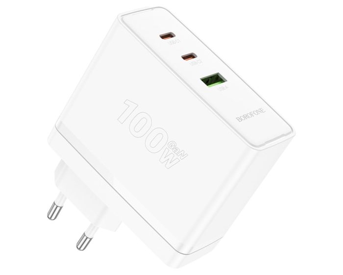 Borofone BN11 Imperial GaN Wall Charger USB / 2x Type-C QC 3.0 PD 100W Αντάπτορας Φόρτισης Τοίχου - White