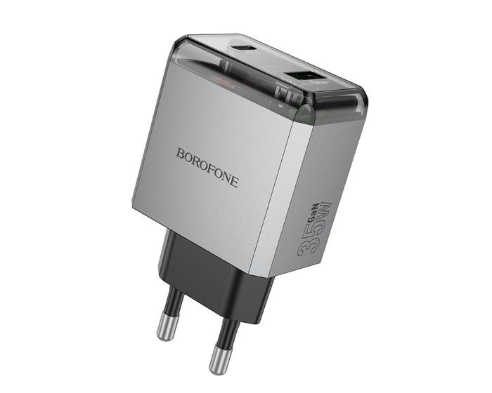 Borofone BN20 Lena Wall Charger USB / Type-C QC 3.0 PD 35W Αντάπτορας Φόρτισης Τοίχου - Grey - MT76405