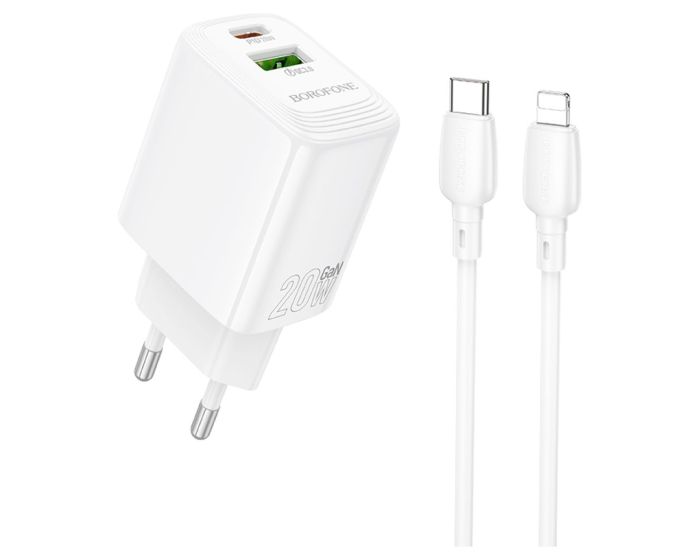 Borofone BN27 Fuente Wall Charger USB / Type-C QC 3.0 PD 20W with Type C to Lightning Cable Αντάπτορας Φόρτισης Τοίχου - White