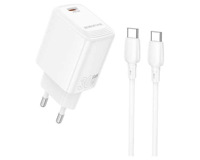Borofone BN28 Fuente Wall Charger Type-C PD QC3.0 30W with Type-C to Type-C Cable Αντάπτορας Φόρτισης Τοίχου - White - MT77987
