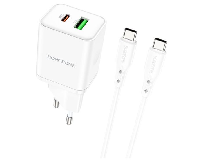 Borofone BN7 Dual Port Wall Charger USB / Type-C QC 3.0 PD 20W Αντάπτορας Φόρτισης Τοίχου με Καλώδιο Type C/Type C 1m - White