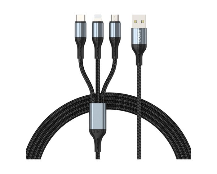 BWOO X274 3in1 USB to Type-C / Lightning / Micro USB 3A Καλώδιο Φόρτισης 1.2m - Black