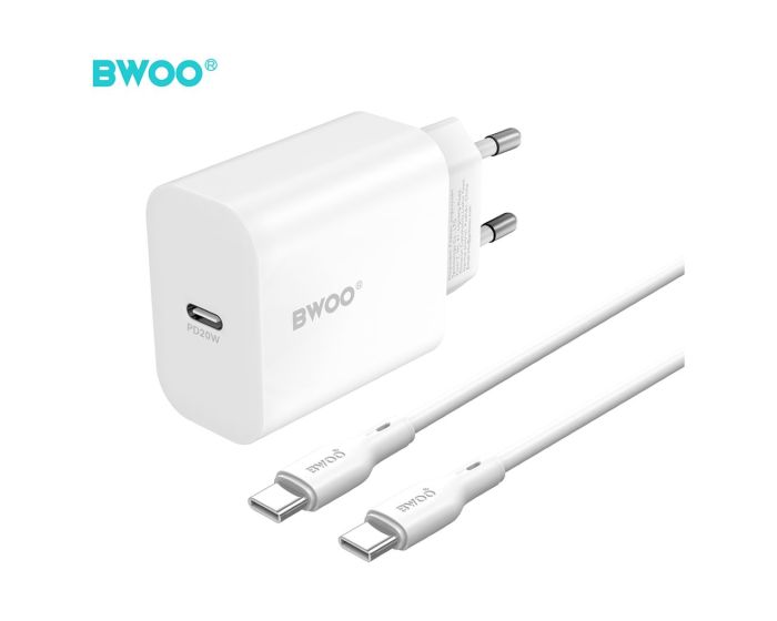 BWOO BO-CDA233C-C Wall Charger Type-C PD 20W + 65W Type-C Cable Αντάπτορας Φόρτισης Τοίχου - White - MT82756