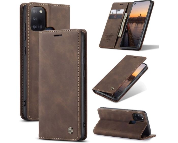 CaseMe PU Leather Wallet Case Θήκη Πορτοφόλι με Stand - Coffee Brown (Samsung Galaxy A21s)