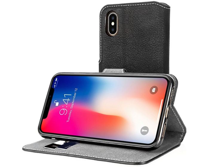 Centopi Wallet Case Θήκη Πορτοφόλι με δυνατότητα Stand + Screen Protector - Black (iPhone X / Xs)