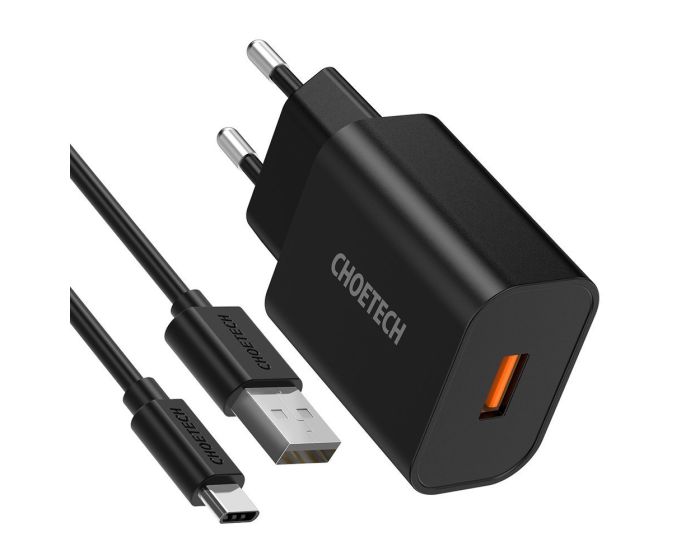 Choetech Travel Quick Wall Charger 18W 3A + Type-A to Type-C Cable 1m (Q5003) Αντάπτορας Φόρτισης Τοίχου - Black