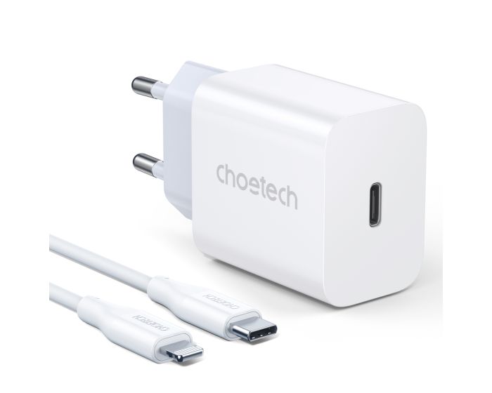 Choetech Fast Wall Charger Type-C 3A PD 20W EU + USB Cable Type C - Lightning 1.2m (PD5005) Αντάπτορας Φόρτισης Τοίχου - White
