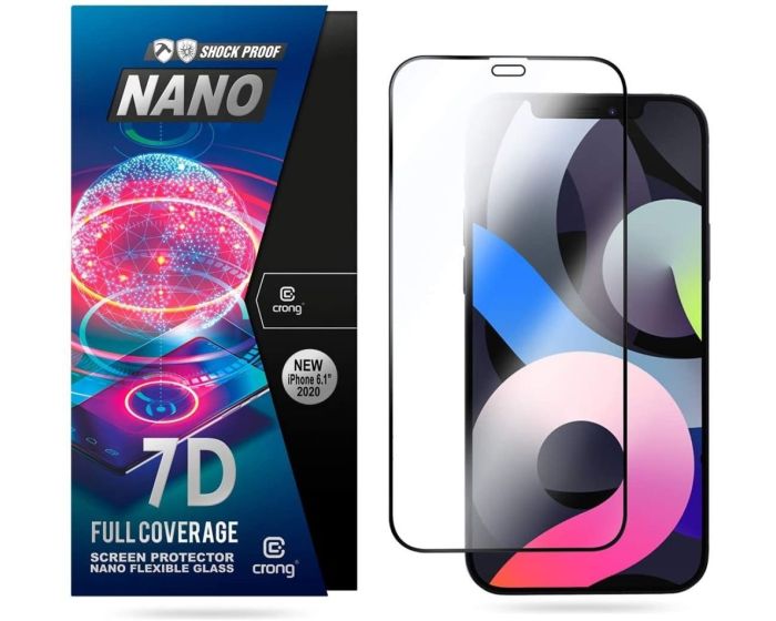Crong 7D Nano Flexi Full Face Black (CRG-7DNANO-IP61) Αντιχαρακτικό 9H Hybrid Screen Protector (iPhone 12 / 12 Pro)