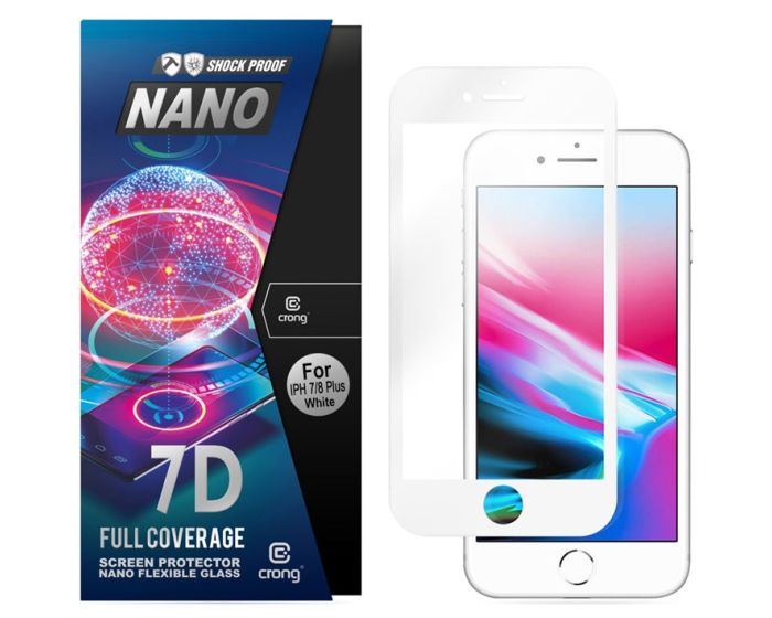 Crong 7D Nano Flexi Full Face White (CRG-7DNANO-IP8PWHT) Αντιχαρακτικό 9H Hybrid Screen Protector (iPhone 7 Plus / 8 Plus)