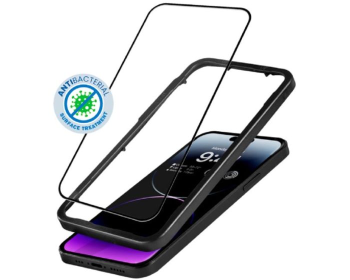 Crong 3D Anti-Bacterial Armor Full Face Black (CRG-AB3DAG-IP14PM) Αντιχαρακτικό Γυαλί 9H Tempered Glass (iPhone 14 Pro Max)