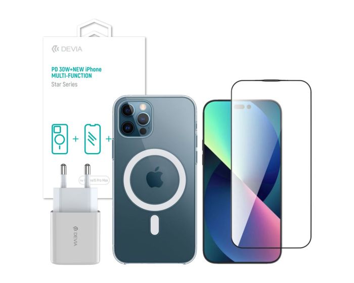 Devia Star Multi-Function Pack Αντιχαρακτικό Οθόνης + Διάφανη Θήκη Σιλικόνης MagSafe + Φορτιστής 30W (iPhone 15 Pro Max)