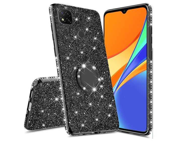 Diamond Ring Case με Electro Bumper και Glitter - Black (Xiaomi Redmi 9C)