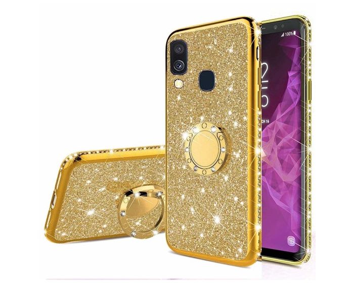 Diamond Ring Case με Electro Bumper και Glitter - Gold (Samsung Galaxy A40)