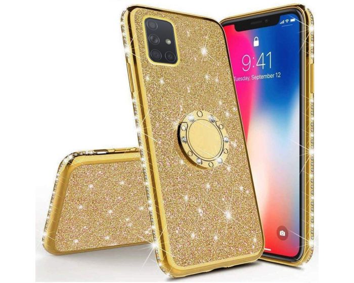 Diamond Ring Case με Electro Bumper και Glitter - Gold (Samsung Galaxy M31s)