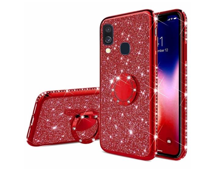 Diamond Ring Case με Electro Bumper και Glitter - Red (Samsung Galaxy A40)