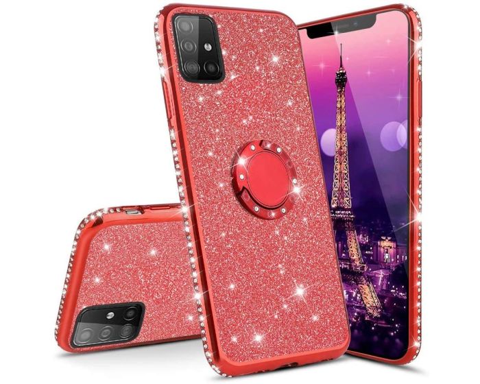 Diamond Ring Case με Electro Bumper και Glitter - Red (Samsung Galaxy A41)