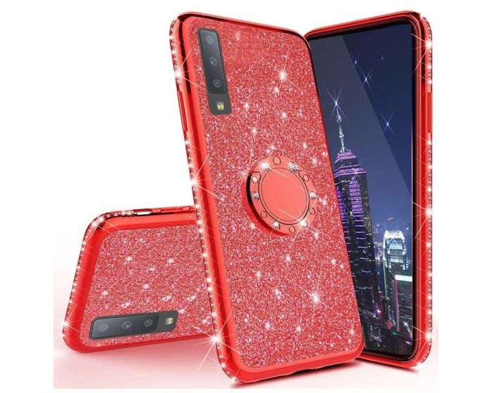 Diamond Ring Case με Electro Bumper και Glitter - Red (Samsung Galaxy A70)