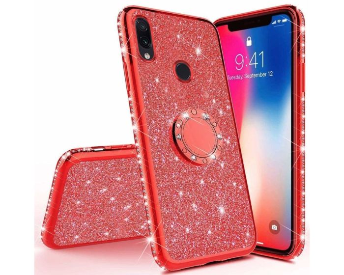 Diamond Ring Case με Electro Bumper και Glitter - Red (Motorola Moto E6 Plus)