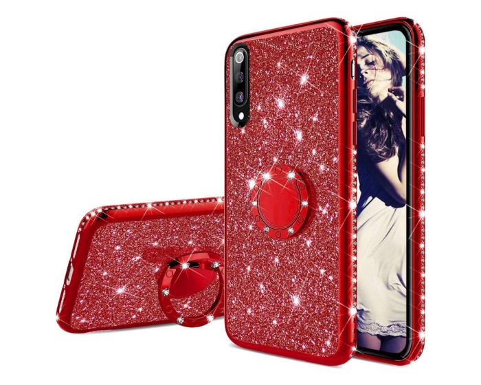 Diamond Ring Case με Electro Bumper και Glitter - Red (Xiaomi Redmi Note 8)