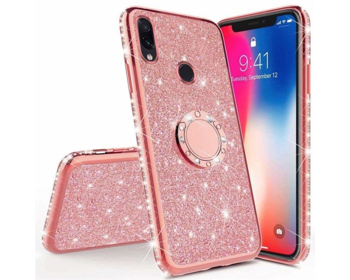Diamond Ring Case με Electro Bumper και Glitter - Rose Gold (Motorola Moto E6 Plus)