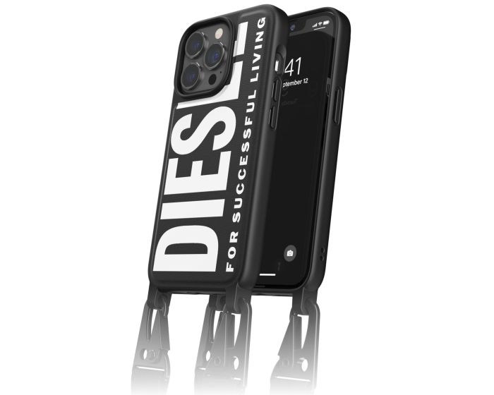 DIESEL Crossbody Silicone Case with Black Neck Cord Lanyard Strap Black / White (iPhone 13 / 13 Pro)