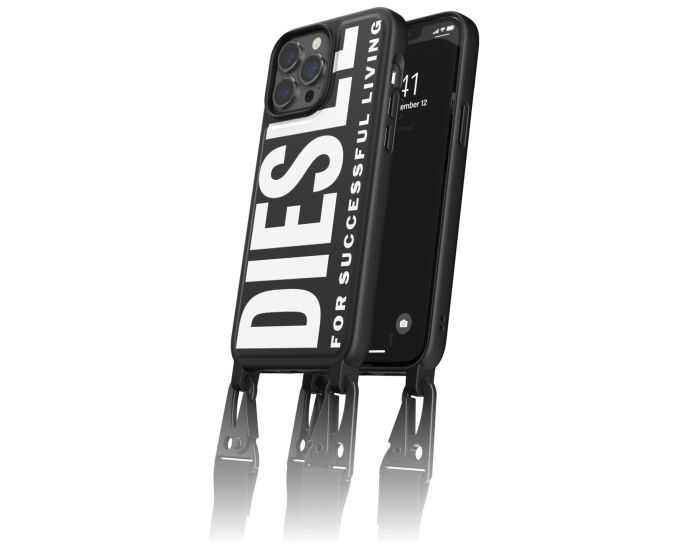 DIESEL Crossbody Silicone Case with Black Neck Cord Lanyard Strap Black / White (iPhone 13 Pro Max)