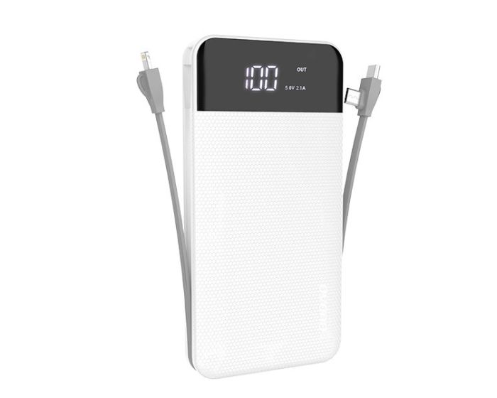 Dudao K1A Power Bank 2x USB Port 3A 10000mAh with Micro USB, Lightning, Type-C Cables - White