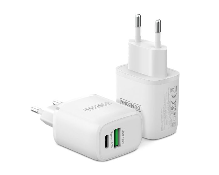 Duzzona T2 Wall Charger T2 30W PD QC3.0 Type-C / USB Αντάπτορας Φόρτισης Τοίχου - White