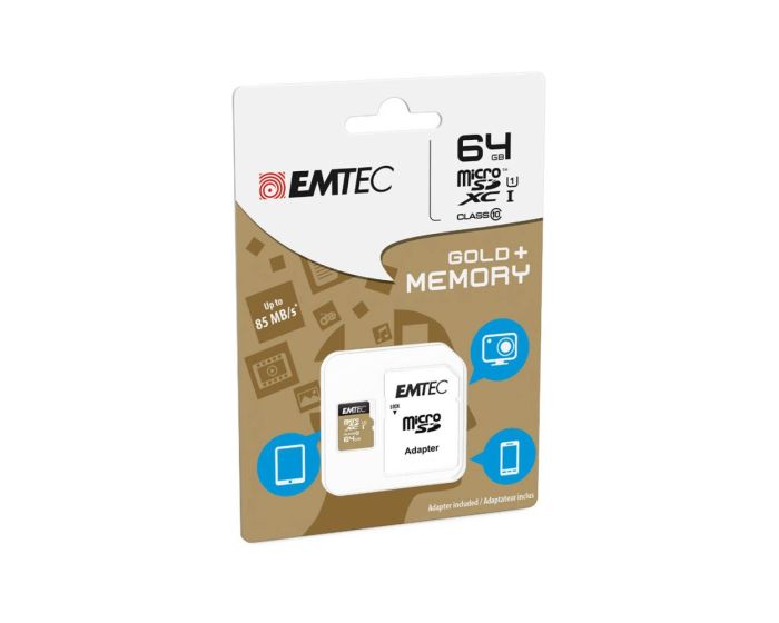 EMTEC Gold+ Memory Card microSDHC 64GB - Class 10 U1 with Adaptor (ECMSDM64GXC10GP)