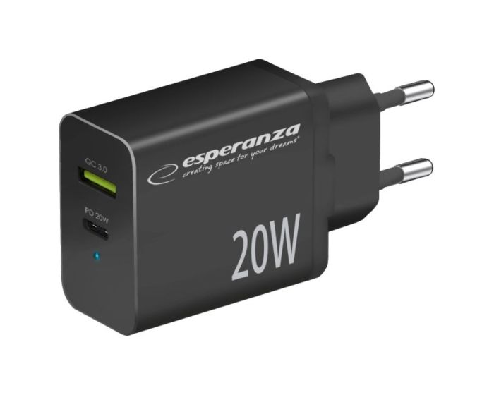 Esperanza EZC105K Fast Wall Charger 20W PD QC 3.0 USB / Type-C Αντάπτορας Φόρτισης - Black