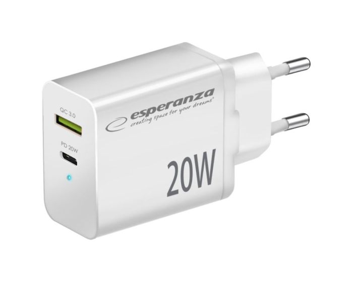 Esperanza EZC105W Fast Wall Charger 20W PD QC 3.0 USB / Type-C Αντάπτορας Φόρτισης - White