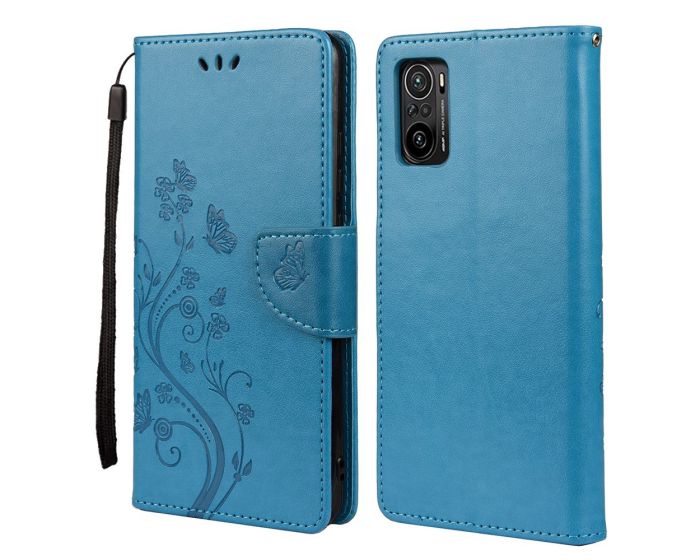 Fashion Wallet Case Θήκη Πορτοφόλι με Δυνατότητα Stand - Blue Butterfly Flower (Xiaomi Poco F3 5G / Mi 11i)