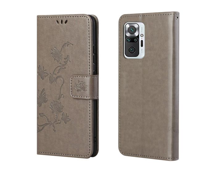 Fashion Wallet Case Θήκη Πορτοφόλι με Δυνατότητα Stand - Grey Butterfly Flower (Xiaomi Redmi Note 10 Pro)