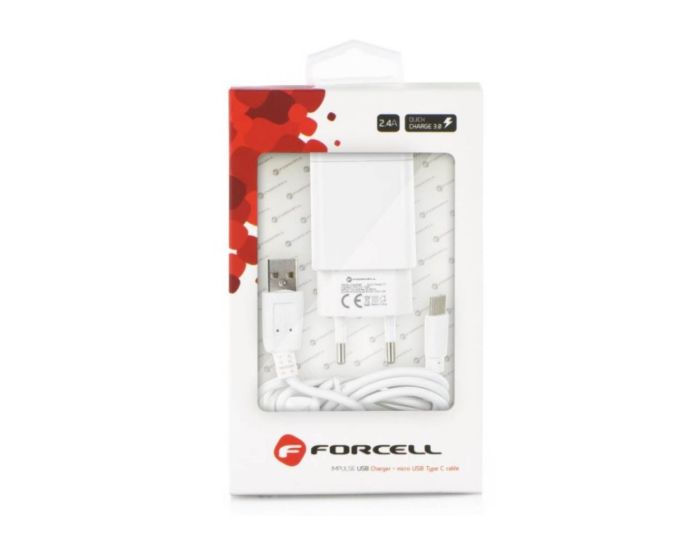 Forcell Fast Charger (2.4Ah) & Data Sync Set - Σετ Γρήγορης Φόρτισης 1.1 Μέτρου White (USB 3.0 to Type-C)