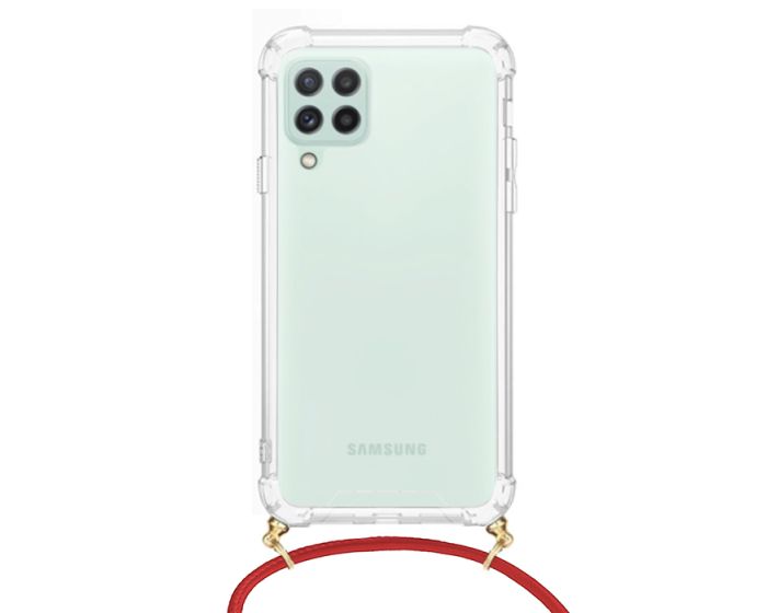 Forcell Cord Clear Silicone Case Διάφανη Θήκη με Λουράκι - Red (Samsung Galaxy A22 4G)
