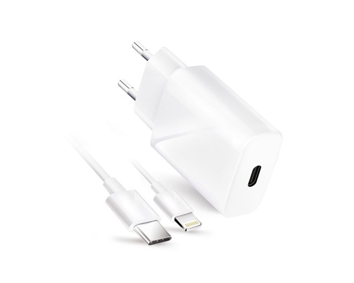 Forcell Travel Charger PD QC4.0 Type C + Lightning Cable - Αντάπτορας Φόρτισης Τοίχου 3A 20W - White