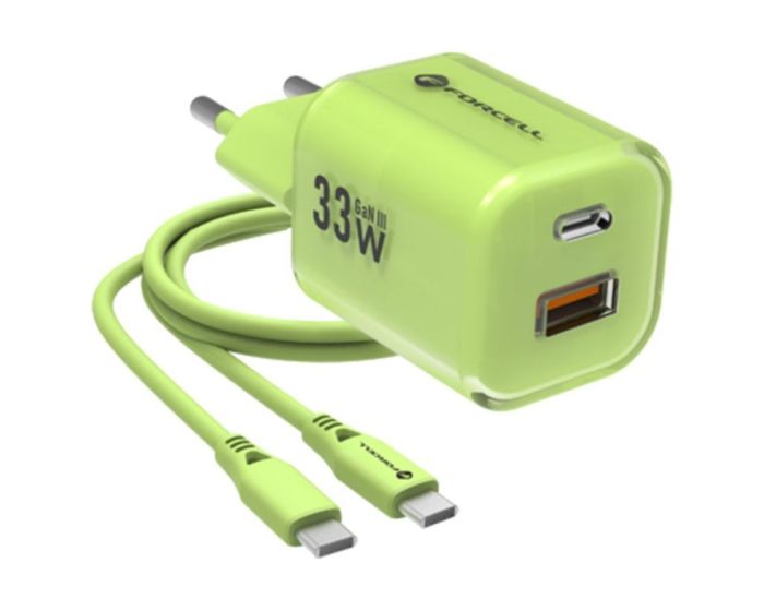Forcell F-ENERGY Crystal Color GaN III VT-41 USB + Type C PD QC4.0 33W Travel Charger with Silicone Cable Αντάπτορας Φόρτισης - Green - MT80635