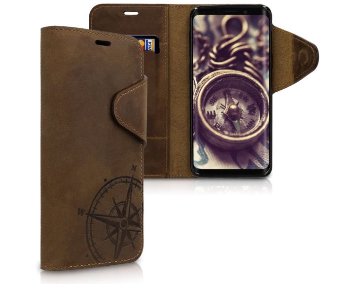Kalibri Leather Wallet Case Δερμάτινη Θήκη Πορτοφόλι (45816.01) Navigational Compass Καφέ (Samsung Galaxy S9)